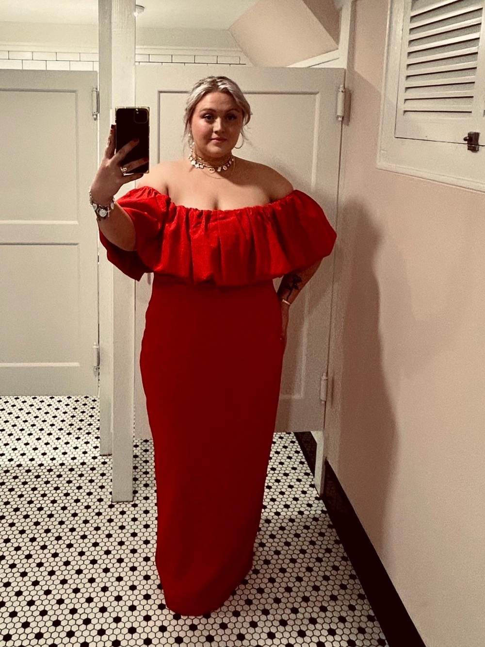 Off-Shoulder Red Ruffle Maxi Dress - Picture 2 of 2